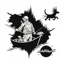 A dynamic tattoo design featuring a hunter in a boat, surrounded by jumping fish like musky, pike, and walleye, with a German Shorthair Pointer by his side tattoo design idea