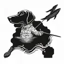 A dynamic tattoo design featuring a hunter in a boat, surrounded by jumping fish like musky, pike, and walleye, with a German Shorthair Pointer by his side tattoo design idea