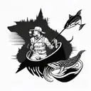 A dynamic tattoo design featuring a hunter in a boat, surrounded by jumping fish like musky, pike, and walleye, with a German Shorthair Pointer by his side tattoo design idea