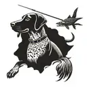 A dynamic tattoo design featuring a hunter in a boat, surrounded by jumping fish like musky, pike, and walleye, with a German Shorthair Pointer by his side tattoo design idea