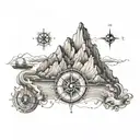 A dynamic tattoo design combining elements of a nautical map with a mountain range featuring a compass rose  tattoo design idea