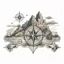 A dynamic tattoo design combining elements of a nautical map with a mountain range featuring a compass rose  tattoo design idea