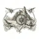 A dynamic tattoo design combining elements of a nautical map with a mountain range featuring a compass rose  tattoo design idea