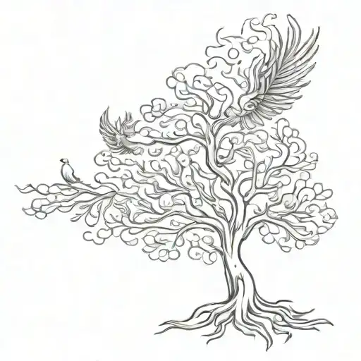 simple tree of knowledge with phoenix rising symolize family   tattoo design idea