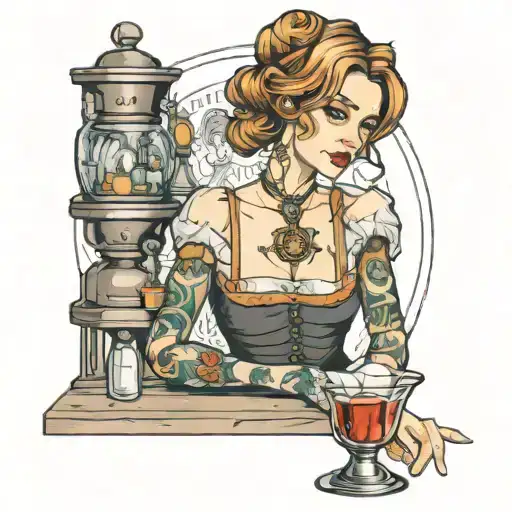 a sad barmaid automaton tattoo design idea