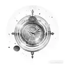 A time machine surrounded by mysterious symbols tattoo design idea