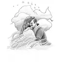 grandmother looking down guiding grandson through stormy seas and mountains tattoo design idea