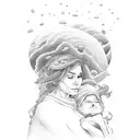 grandmother looking down guiding grandson through stormy seas and mountains tattoo design idea
