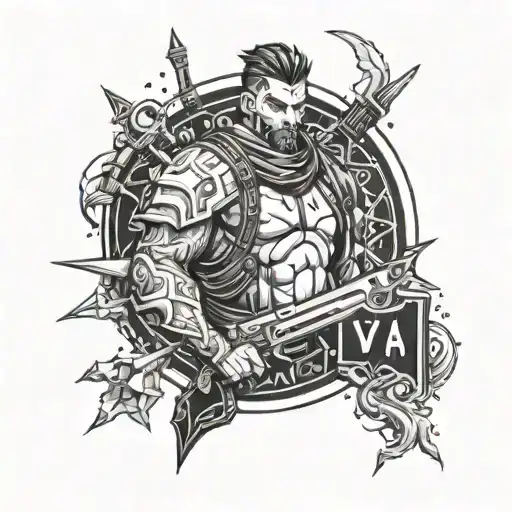 A tattoo design featuring a VALORANT character in a blackwork style, surrounded by elements of the game such as weapons and abilities tattoo design idea