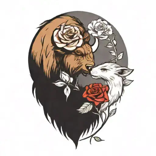 a buffalo and a otter holding a rose tattoo design idea