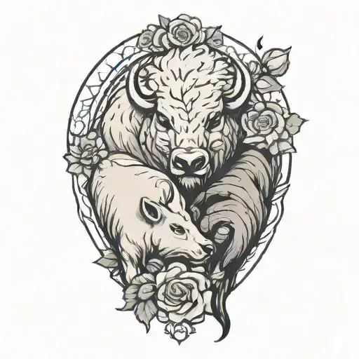 a buffalo and a otter holding a rose tattoo design idea