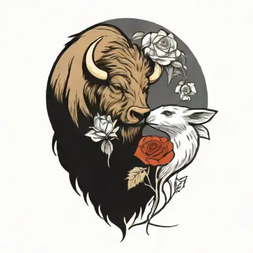 a buffalo and a otter holding a rose tattoo design idea