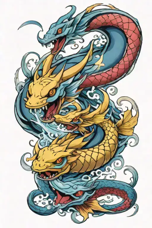 Shiny Milotic and Shiny Gyarados from pokemon in a half upper arm sleeve weaving around eachother with water tattoo design idea