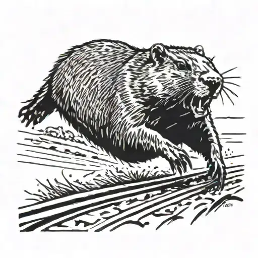 Sillouete of an angry groundhog running through the oval of a running track. The oval of the race track surrongs the hog tattoo design idea
