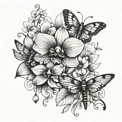 orchid flowers, dragonfly, butterfly, Mandela arm tattoo tattoo design idea