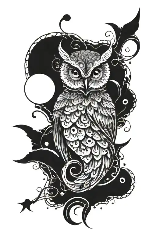 Abstract, Owl eyes, Mermaid, Moon, Sea, Black background tattoo design idea
