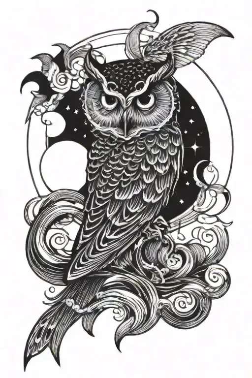 Owl eyes, Mermaid, Moon, Sea, Black background tattoo design idea