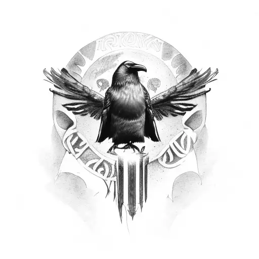 raven, top view with viking runes embedded in its feathers and his head straight tattoo design idea