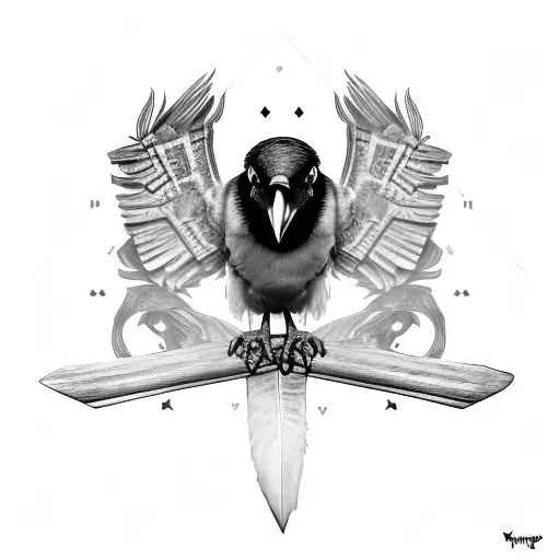 raven, top view with viking runes embedded in its feathers and his head straight tattoo design idea