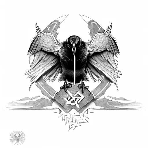 raven, top view with viking runes embedded in its feathers and his head straight tattoo design idea