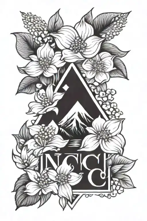 Diamond tattoo with dogwood flower, N C in bold letters, and mountains and water tattoo design idea