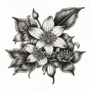 snowdrop flower, chrysanthemum flower, cosmos flower, and larkspur flower tattoo design idea