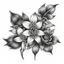 snowdrop flower, chrysanthemum flower, cosmos flower, and larkspur flower tattoo design idea