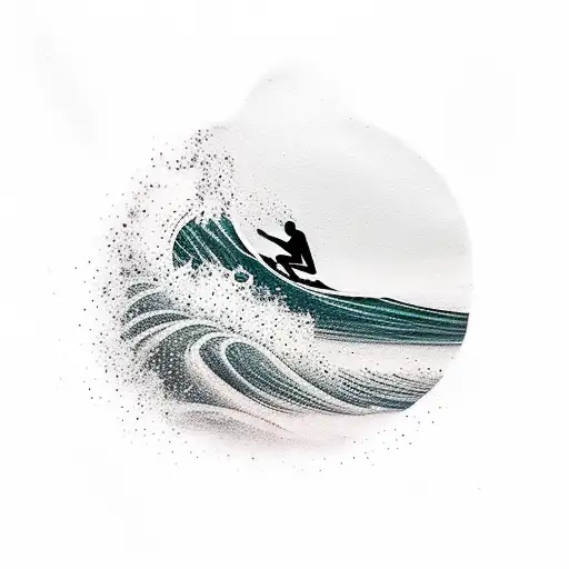 A minimalist tattoo of a surfer riding a wave with a backdrop of palm trees and birds in the sky. tattoo design idea