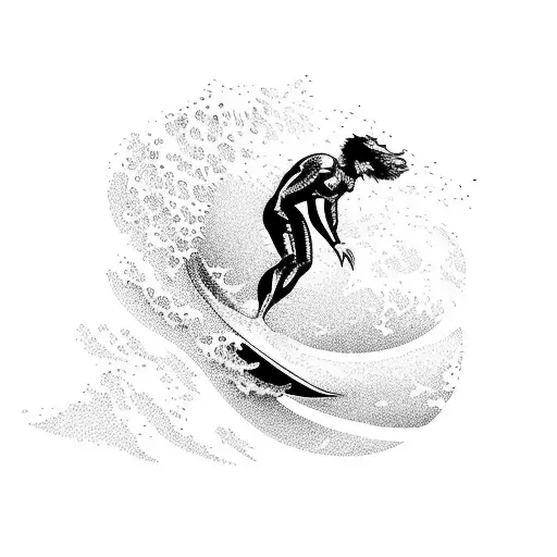 A mystical scene of a surfer riding a giant wave that transforms into a waterfall tattoo design idea