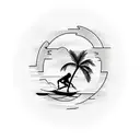 A minimalist tattoo of a surfer riding a wave with a backdrop of palm trees and birds in the sky. tattoo design idea