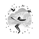 A minimalist tattoo of a surfer riding a wave with a backdrop of palm trees and birds in the sky. tattoo design idea