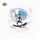 A minimalist tattoo of a surfer riding a wave with a backdrop of palm trees and birds in the sky. tattoo design idea