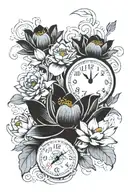 08/28/2008 , lotus flowers and a clock that says 11:48 pm tattoo design idea
