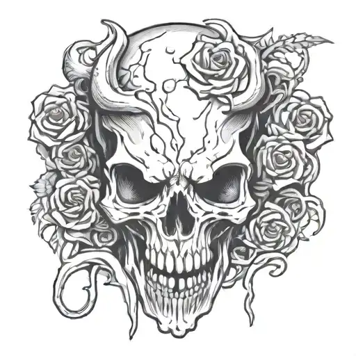 black white, detailed, high quality, horned demon skull shaped like a uterus, dripping, black rose in mouth, evil, satan tattoo design idea