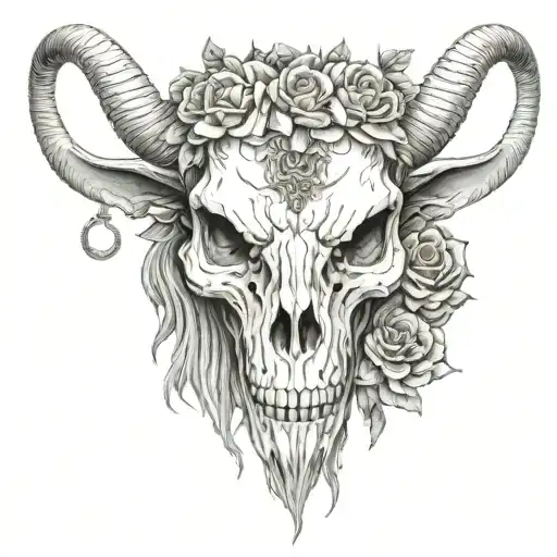 black white, detailed, high quality, horned goat demon skull, black roses in eyes tattoo design idea