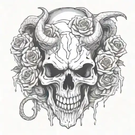 black white, detailed, high quality, horned demon skull shaped like a uterus, dripping, black rose in mouth, evil, satan tattoo design idea
