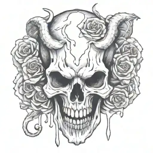 black white, detailed, high quality, horned demon skull shaped like a uterus, dripping, black rose in mouth, evil, satan tattoo design idea