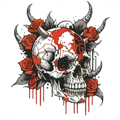 black white, detailed, high quality, horned demon skull shaped like a uterus, dripping, black rose in mouth, evil, satan tattoo design idea