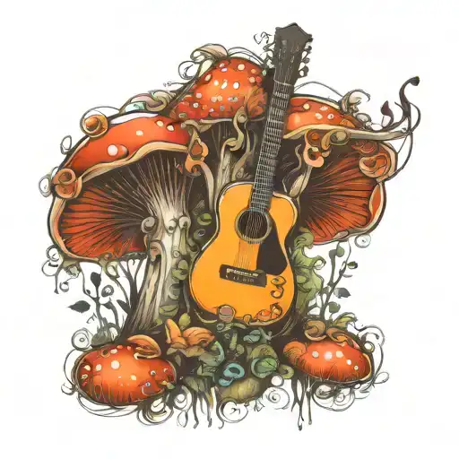 guitar forest mushroom tattoo design idea