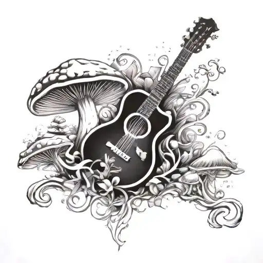 guitar forest mushroom tattoo design idea