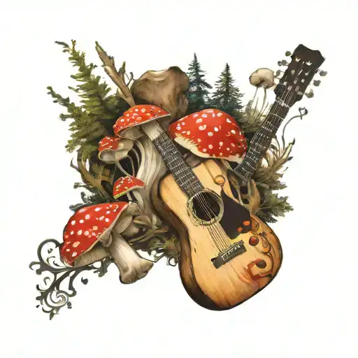 guitar mushroom forest scene tattoo design idea