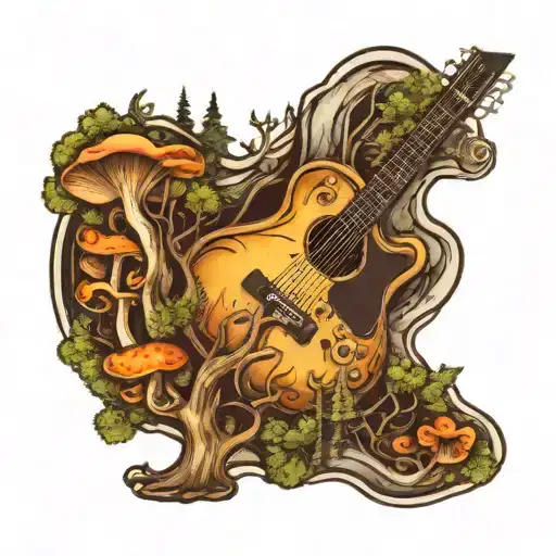 guitar forest mushroom tattoo design idea