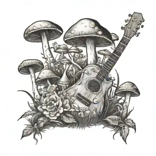 guitar mushroom forest scene tattoo design idea