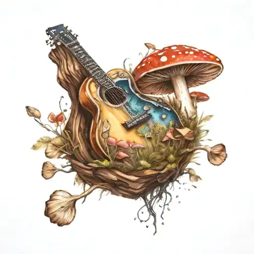 guitar mushroom forest scene tattoo design idea