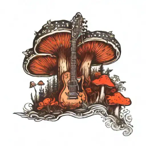guitar mushroom forest scene tattoo design idea