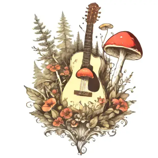 guitar mushroom forest scene tattoo tattoo design idea