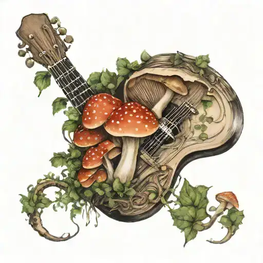 guitar forest mushroom tattoo design idea