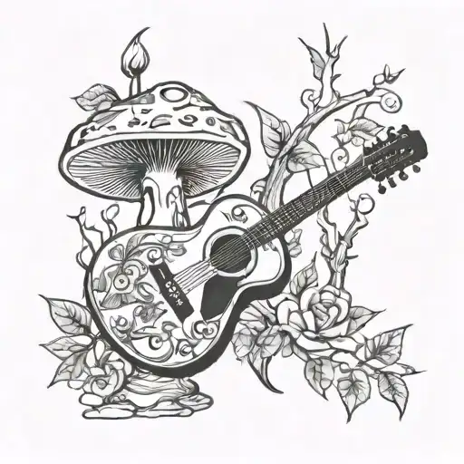 acoustic  guitar forest mushroom  tattoo design idea