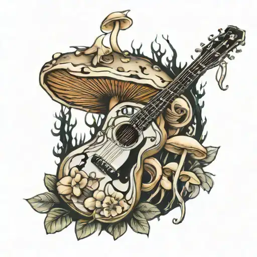 guitar forest mushroom tattoo design idea
