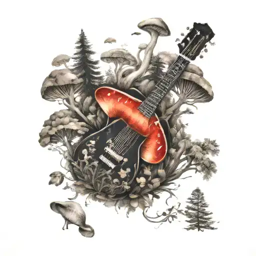 guitar mushroom forest scene tattoo design idea